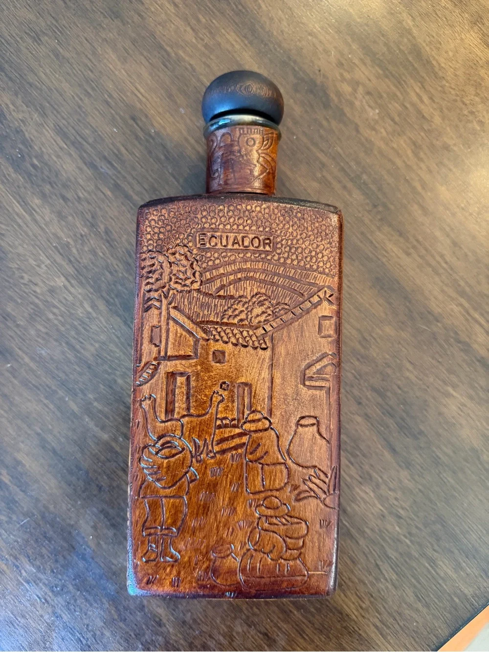 Handcrafted Ecuadorian Carved Brown Wooden Flask Bottle